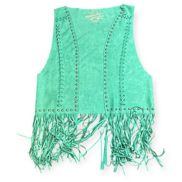 Check size CRAZY TRAIN Women’s “Mint-Jito” Turquoise Faux Suede Studded Fringe V - Picture 1 of 4